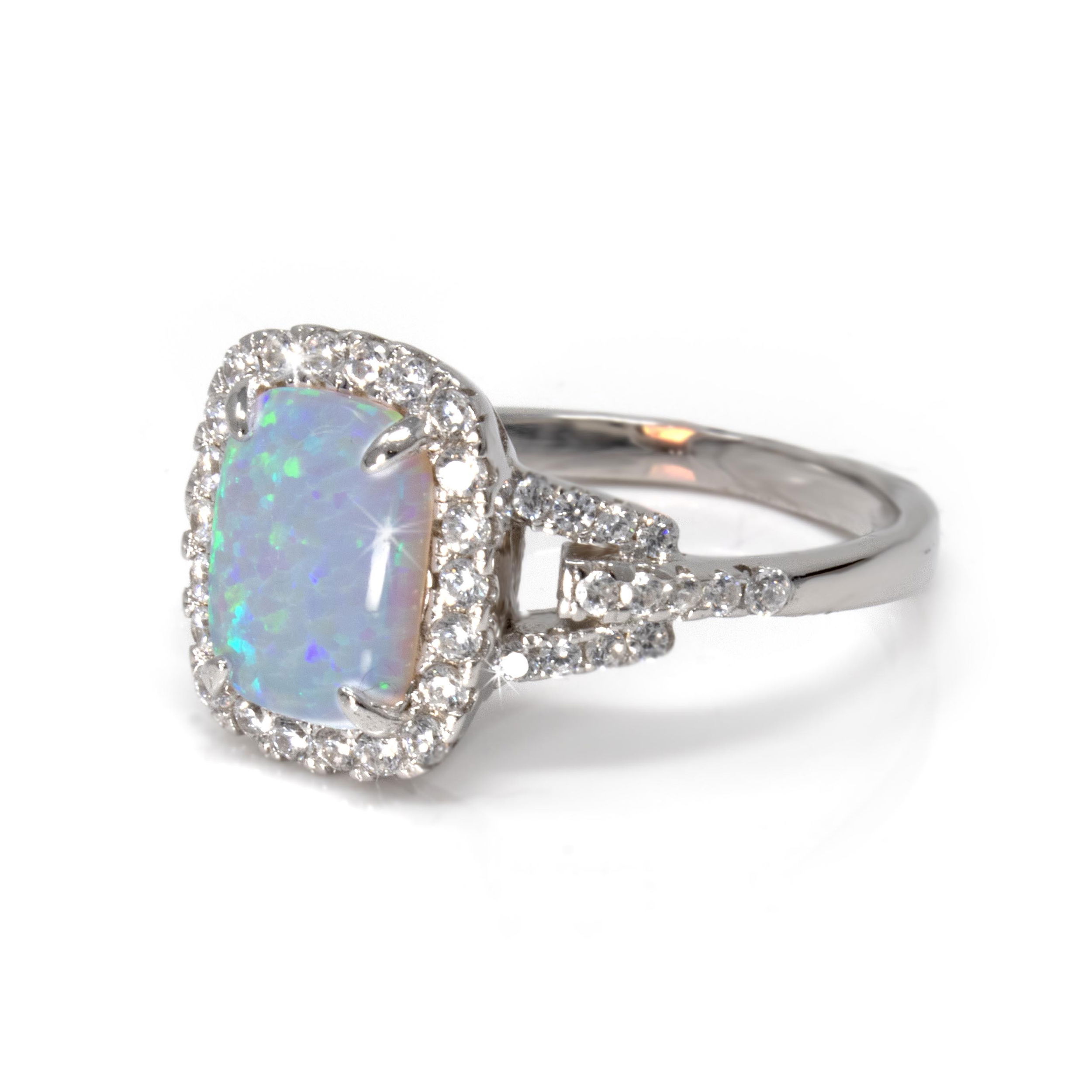 White Opal Ring - Prong Set Rounded Rectangle Cabochon With White Czs Set In Bezel & Band Sz5