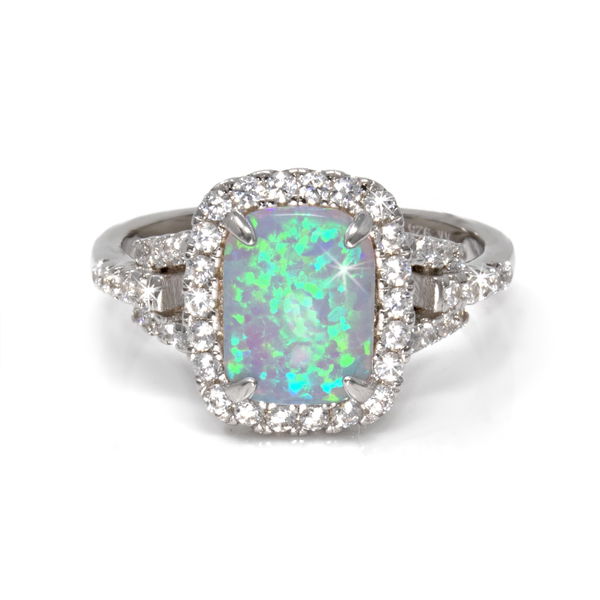 Closeup photo of White Opal Ring - Prong Set Rounded Rectangle Cabochon With White Czs Set In Bezel & Band Sz5