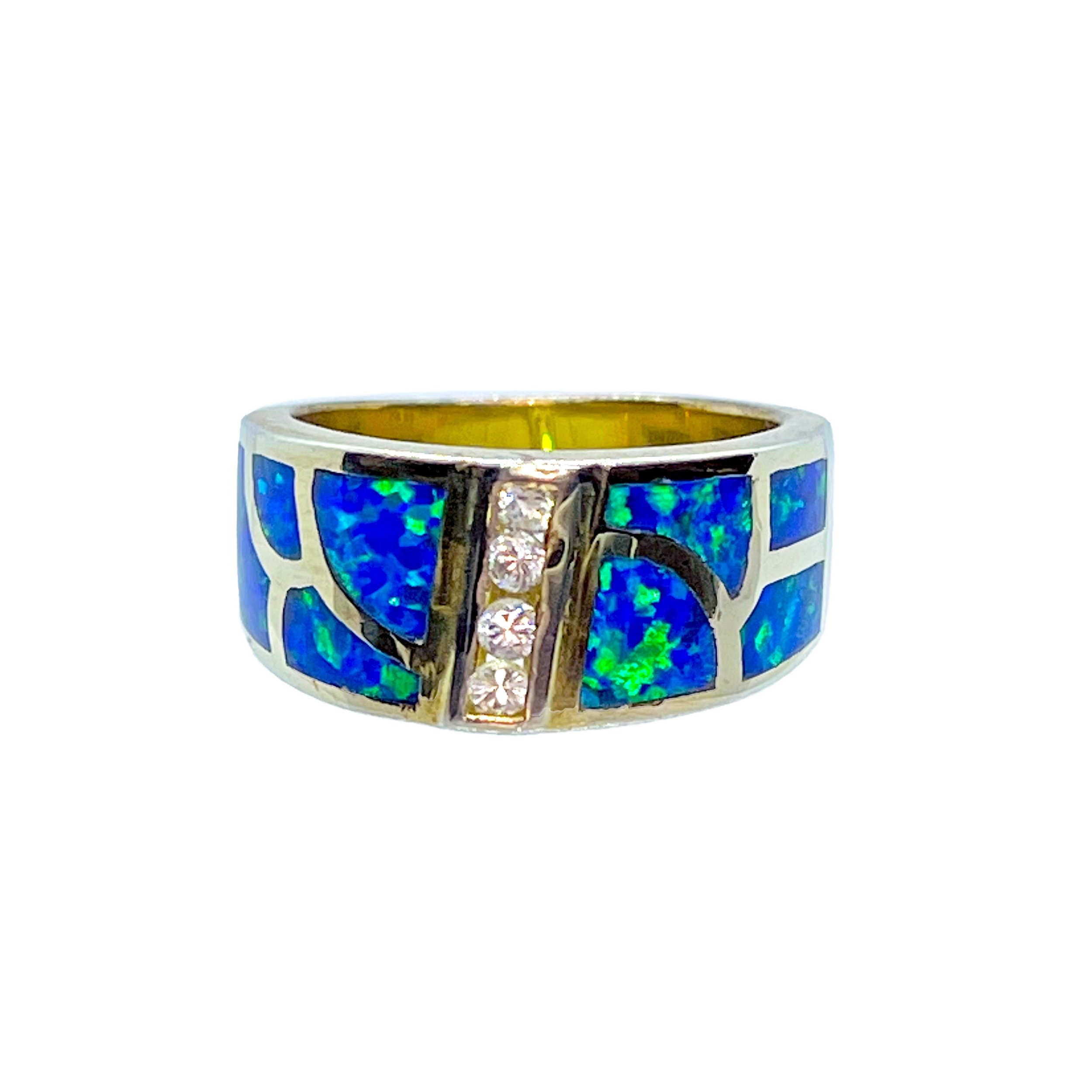 Blue Opal Ring Size 5 - Wide Band With White Cz Trio & Curved Inlay Sections - Gold Plated