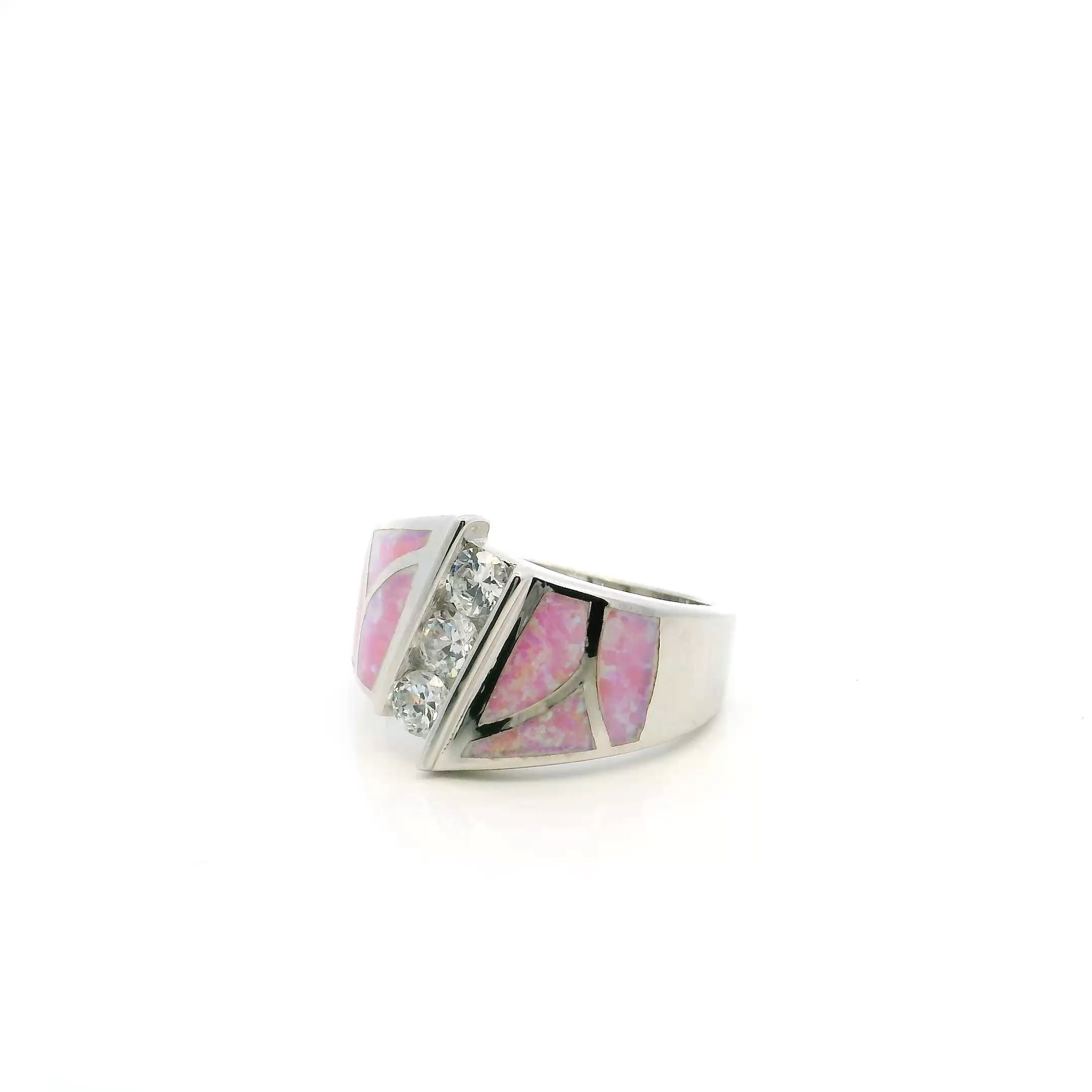 Pink Opal Ring - Curved Inlay Band With White Czs