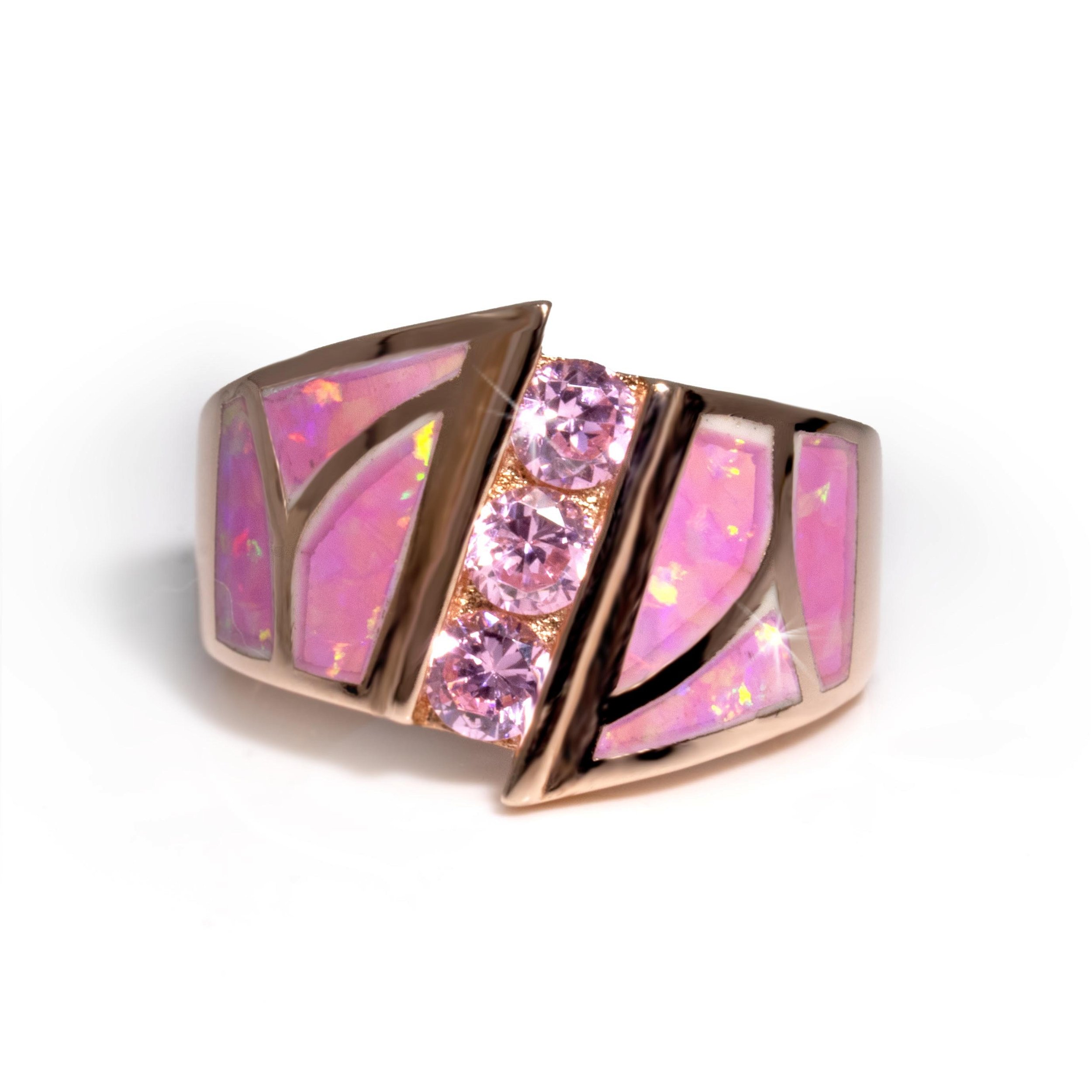 Pink Opal Ring Size 11 - Curved Inlay Band With Pink Czs & Rose Gold Overlay