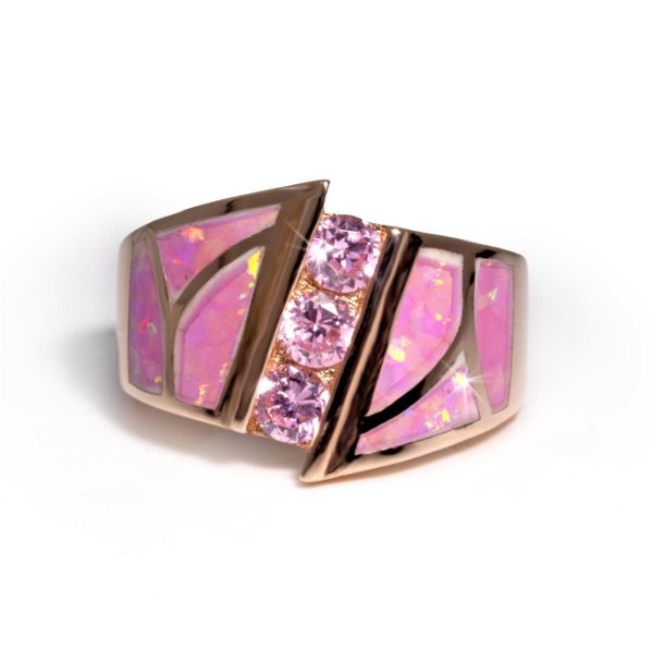 Closeup photo of Pink Opal Ring Size 10 - Curved Inlay Band With Pink Czs & Rose Gold Overlay