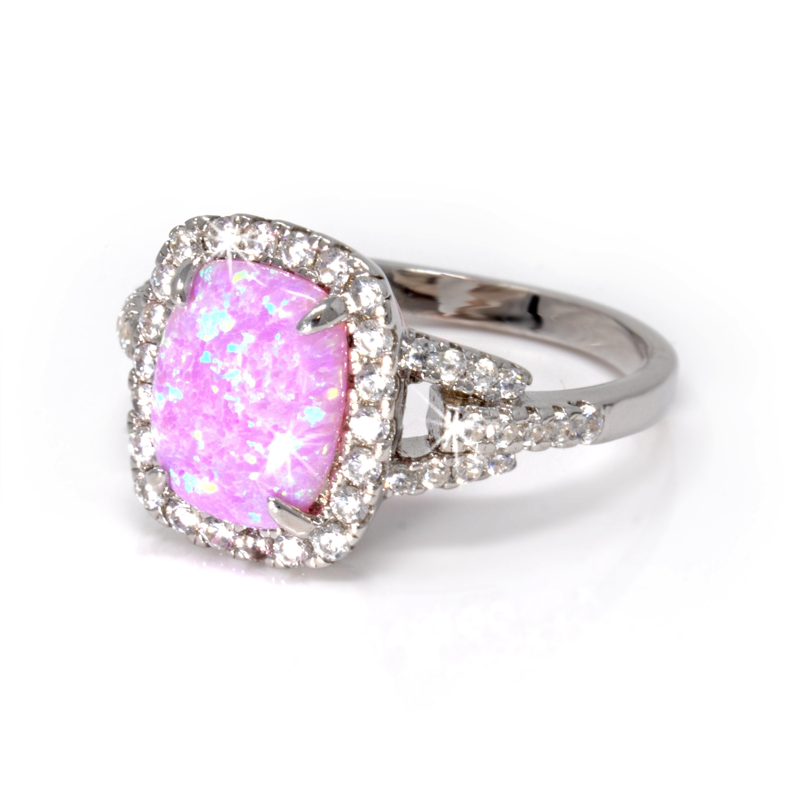 Pink Opal Ring Size 6 - Rounded Square Cabochon With Bezel Set White Czs - Prong Set