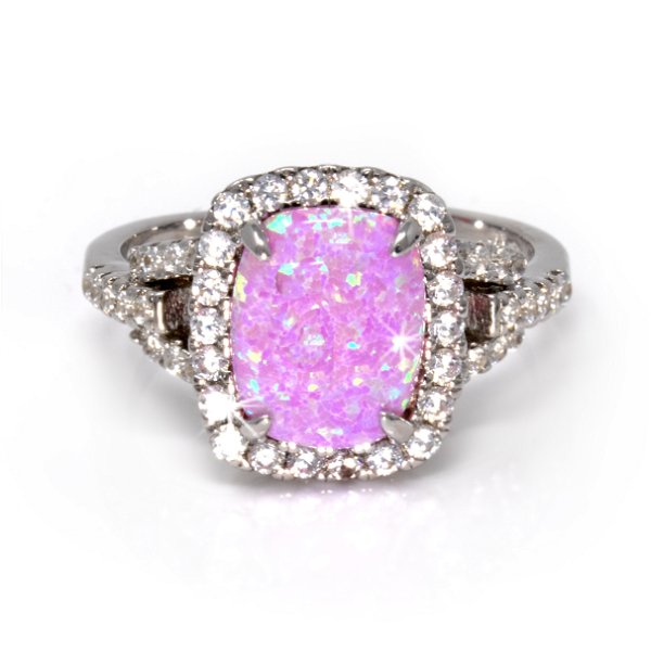Closeup photo of Pink Opal Ring Size 6 - Rounded Square Cabochon With Bezel Set White Czs - Prong Set