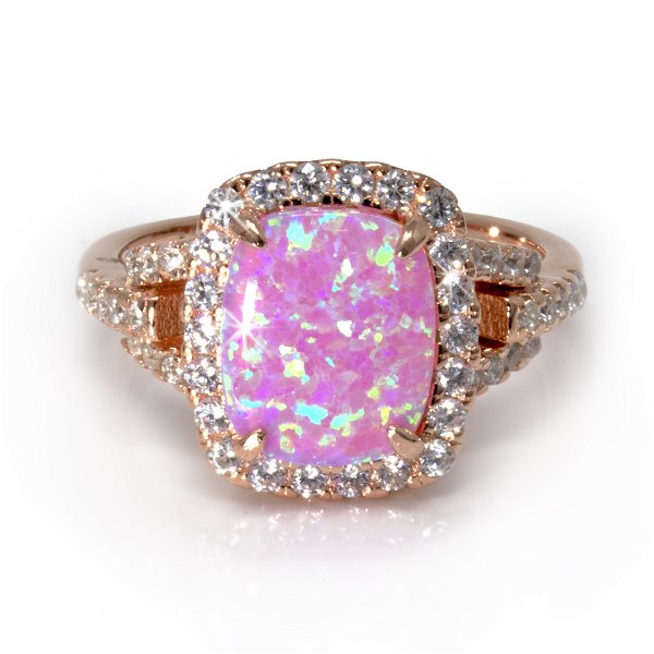 Closeup photo of Pink Opal Ring Size 7 - Rounded Square Cabochon With Bezel Set White Czs - Prong Set - Rose Gold Overlay