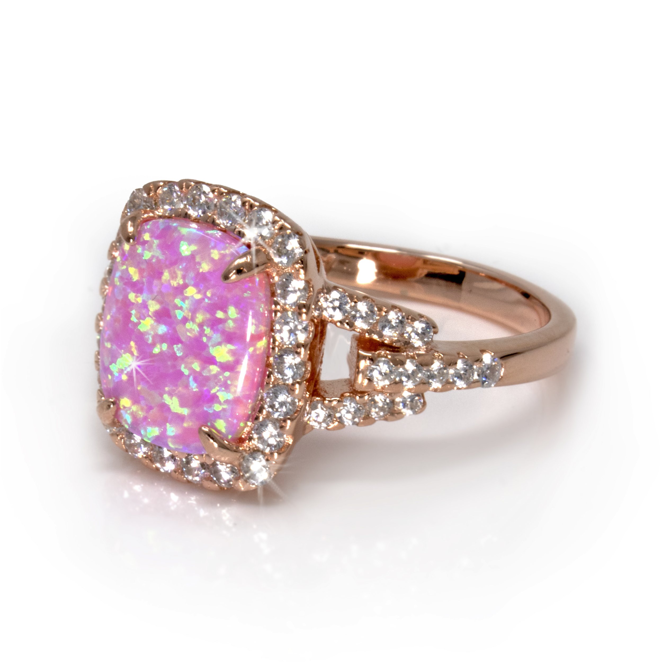 Pink Opal Ring Size 9 - Rounded Square Cabochon With Bezel Set White Czs - Prong Set - Rose Gold Overlay