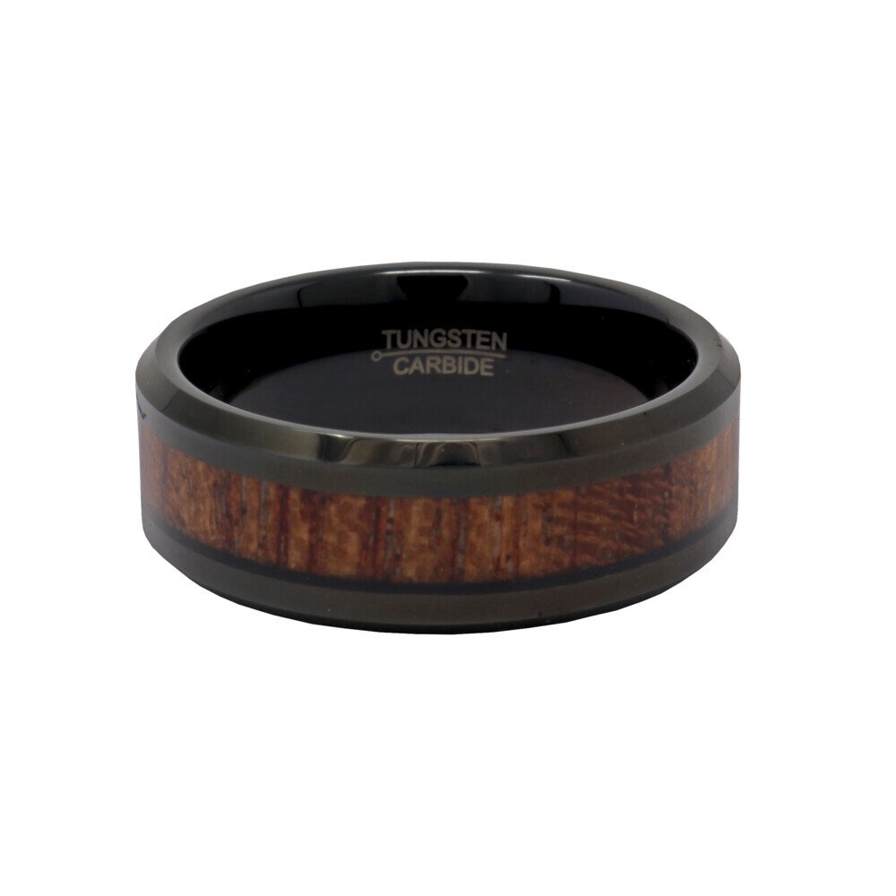 Tungsten Ring Size 14 - 8mm Black Ip Plated With Hawaiian Koa Wood Inlay