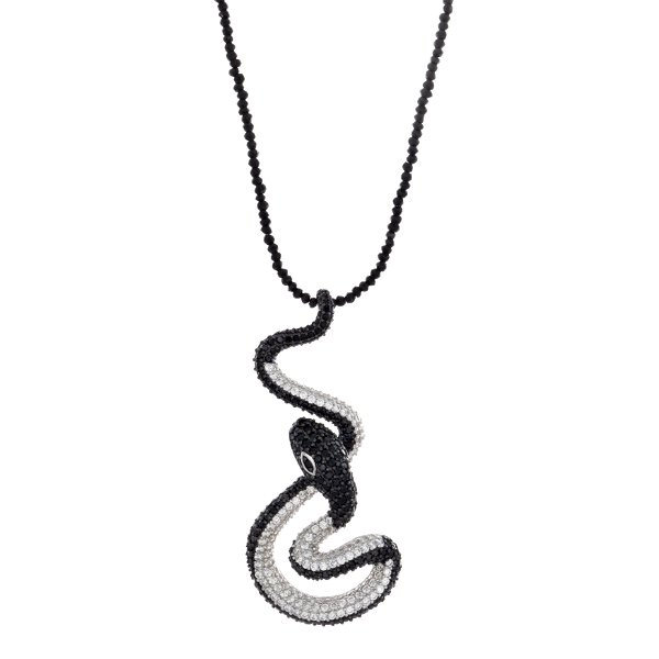 Closeup photo of Swarovski Crystal Snake Necklace Set With Black & White Swarovski On Spinel Chain