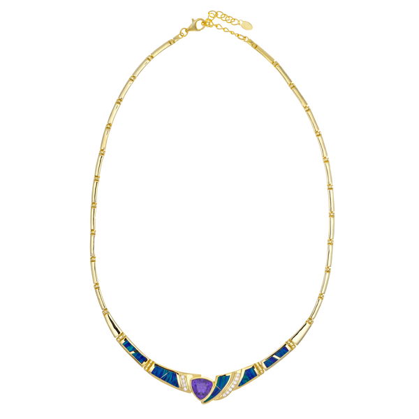 Closeup photo of Blue Opal Necklace - Amethyst CZ Trillion with Inlaid Sections & White CZs with Swoop Detail - Gold Plated Solid Bar Link Collar Chain