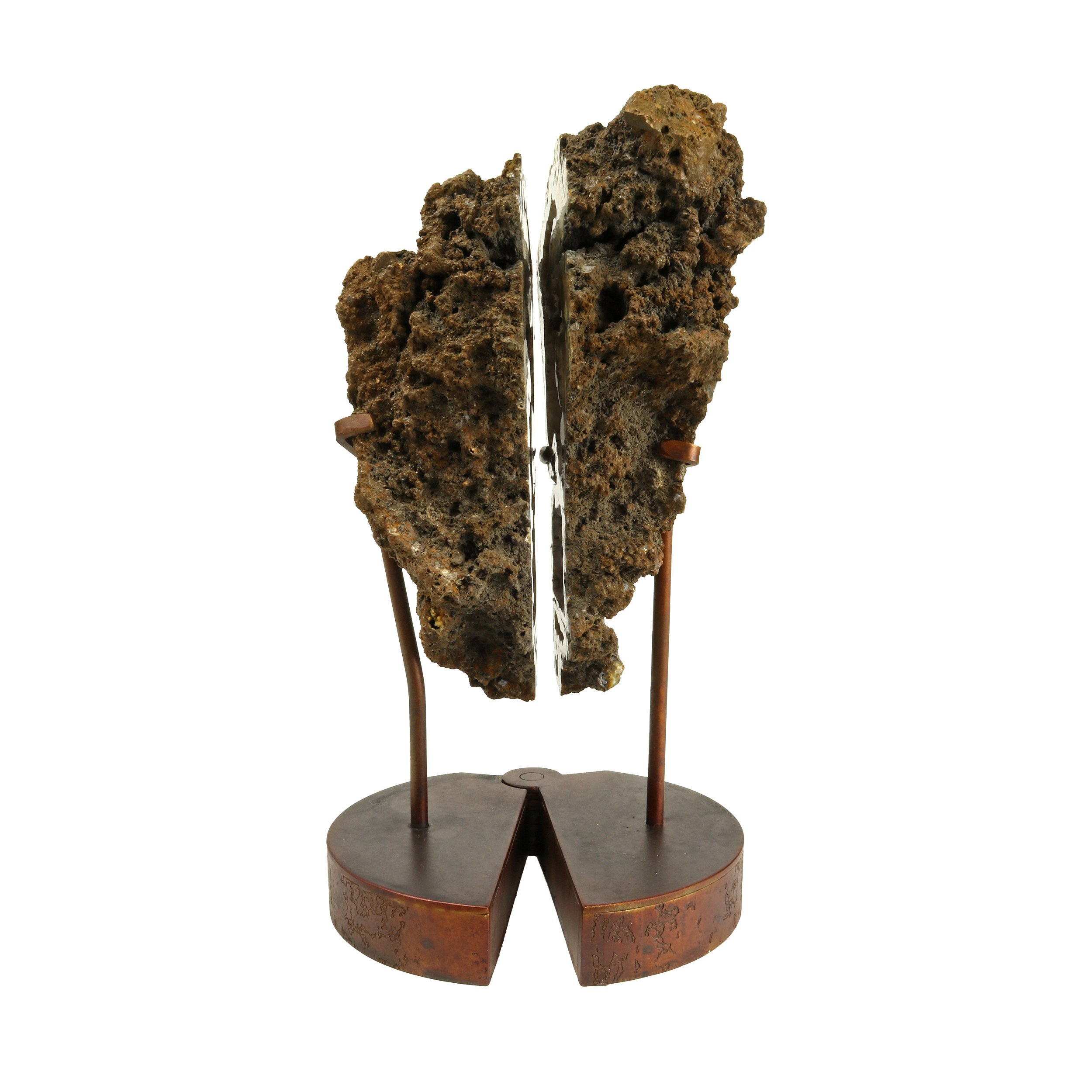 Fossilized Coral Head Pair In Custom Pivot Stand - Chocolate Exterior With White Interior Plume Agate And Druze Pockets At Bottom