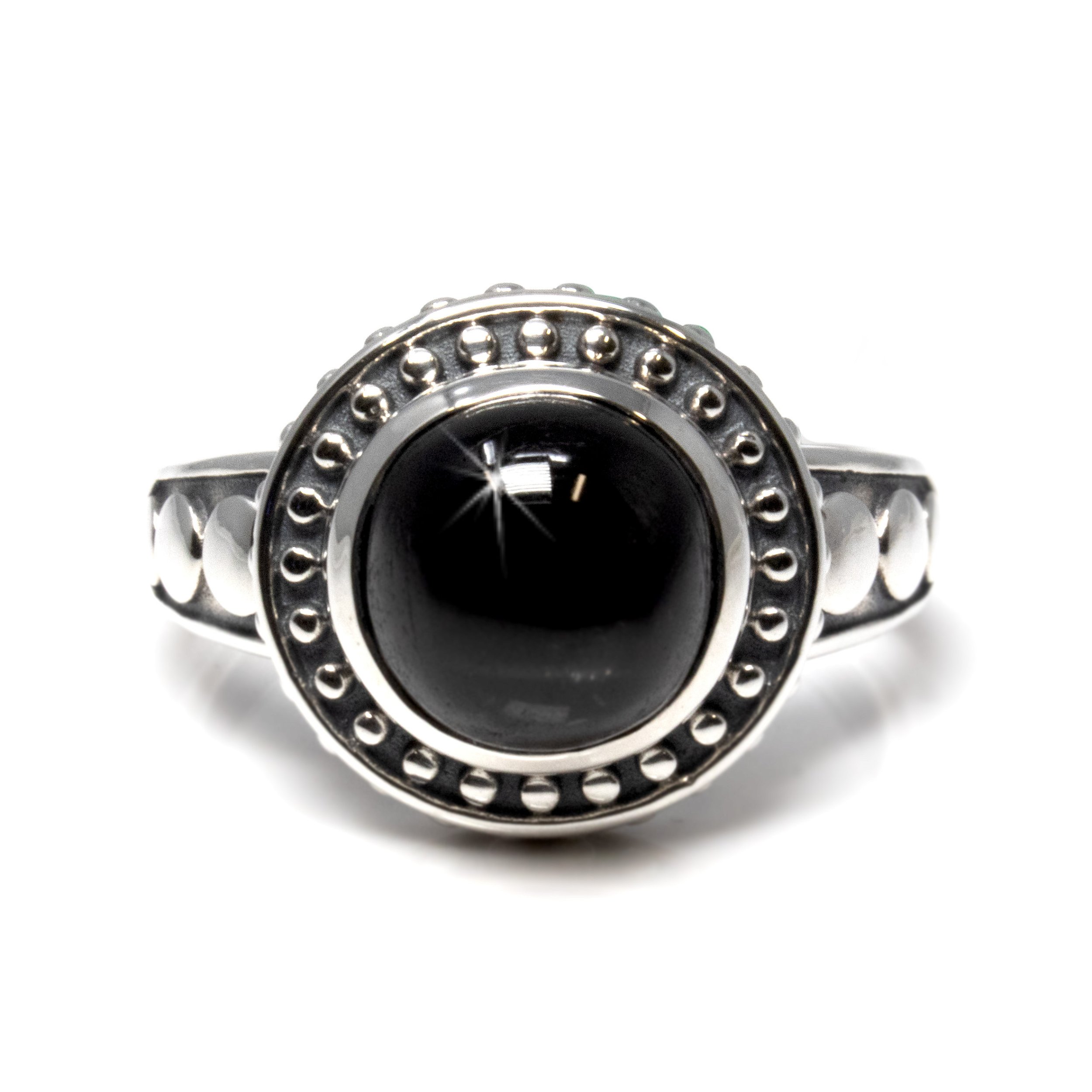 Black Star Garnet Ring - Round Cabochon Set On Ornate Silver Beaded Bezel With Antiqued Backing & Beading On Band Size 9