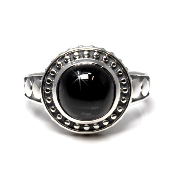Closeup photo of Black Star Garnet Ring - Round Cabochon Set On Ornate Silver Beaded Bezel With Antiqued Backing & Beading On Band Size 9