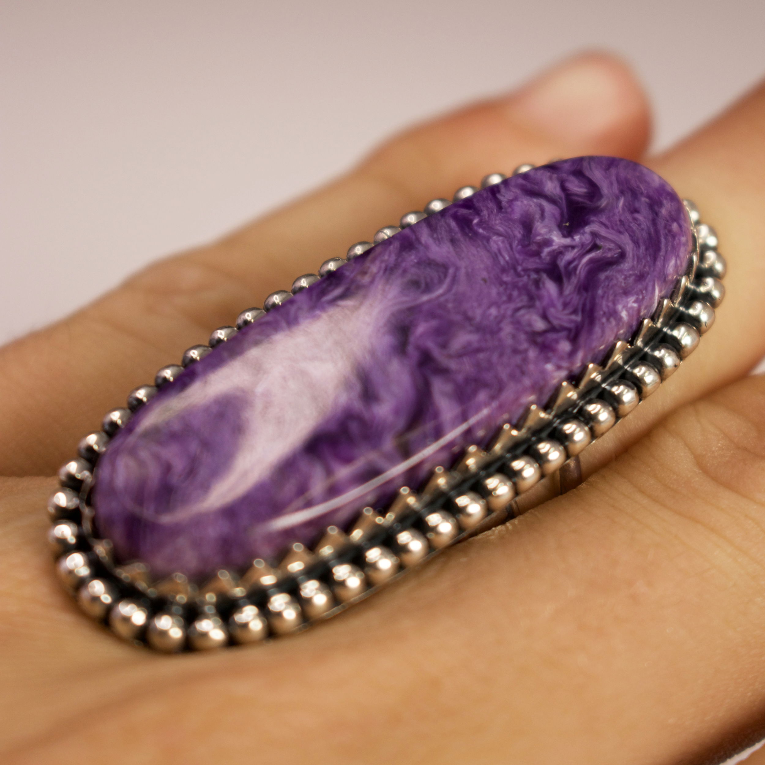 Tanzanite Ring - Oval Cabochon With Rope Stamped & Beaded Silver Bezel Edge Sz6