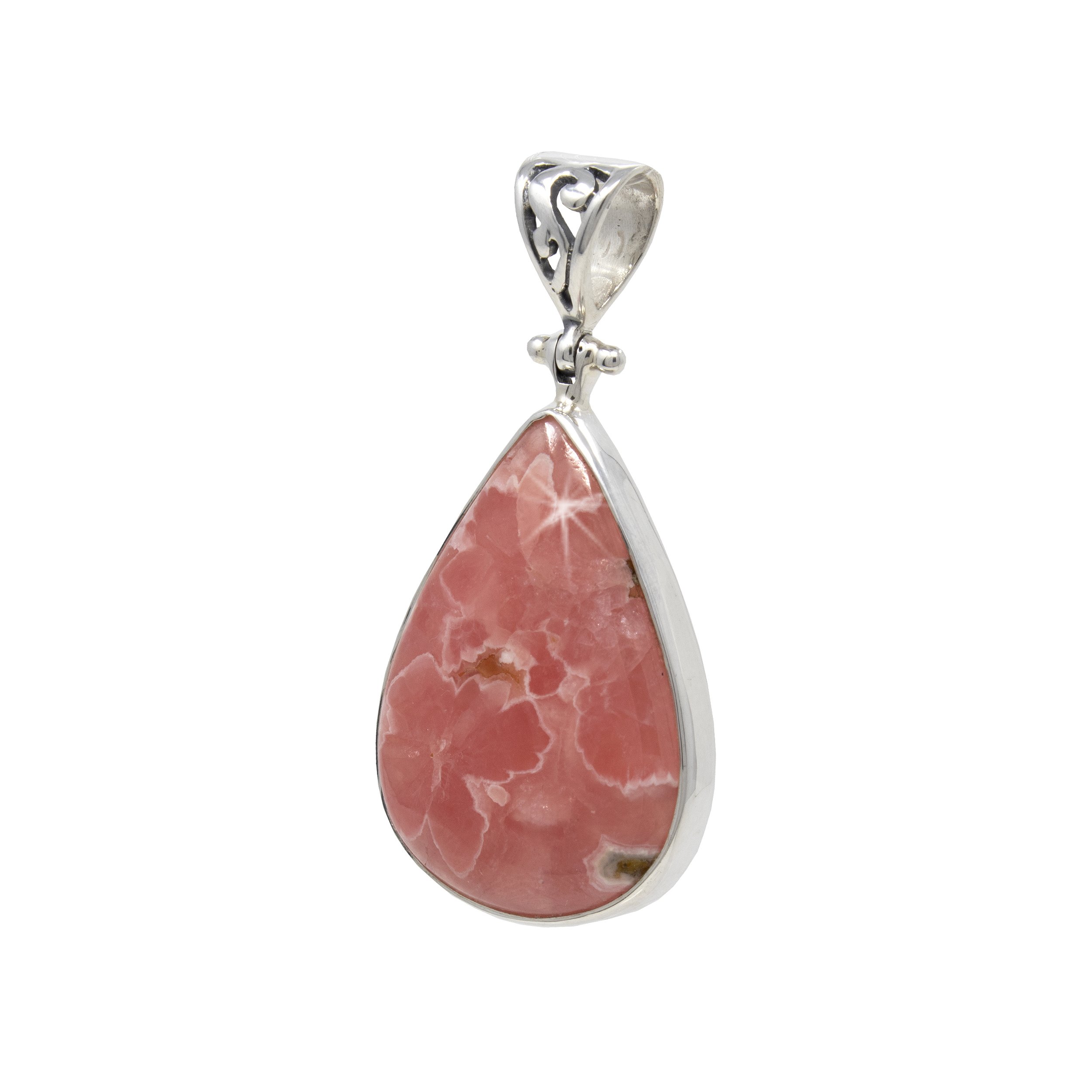 Rhodochrosite Pendant - Pear Cabochon With Simple Silver Bezel & Ornate Bail - Rich Gem Quality With Flower-like Pattern Bursts