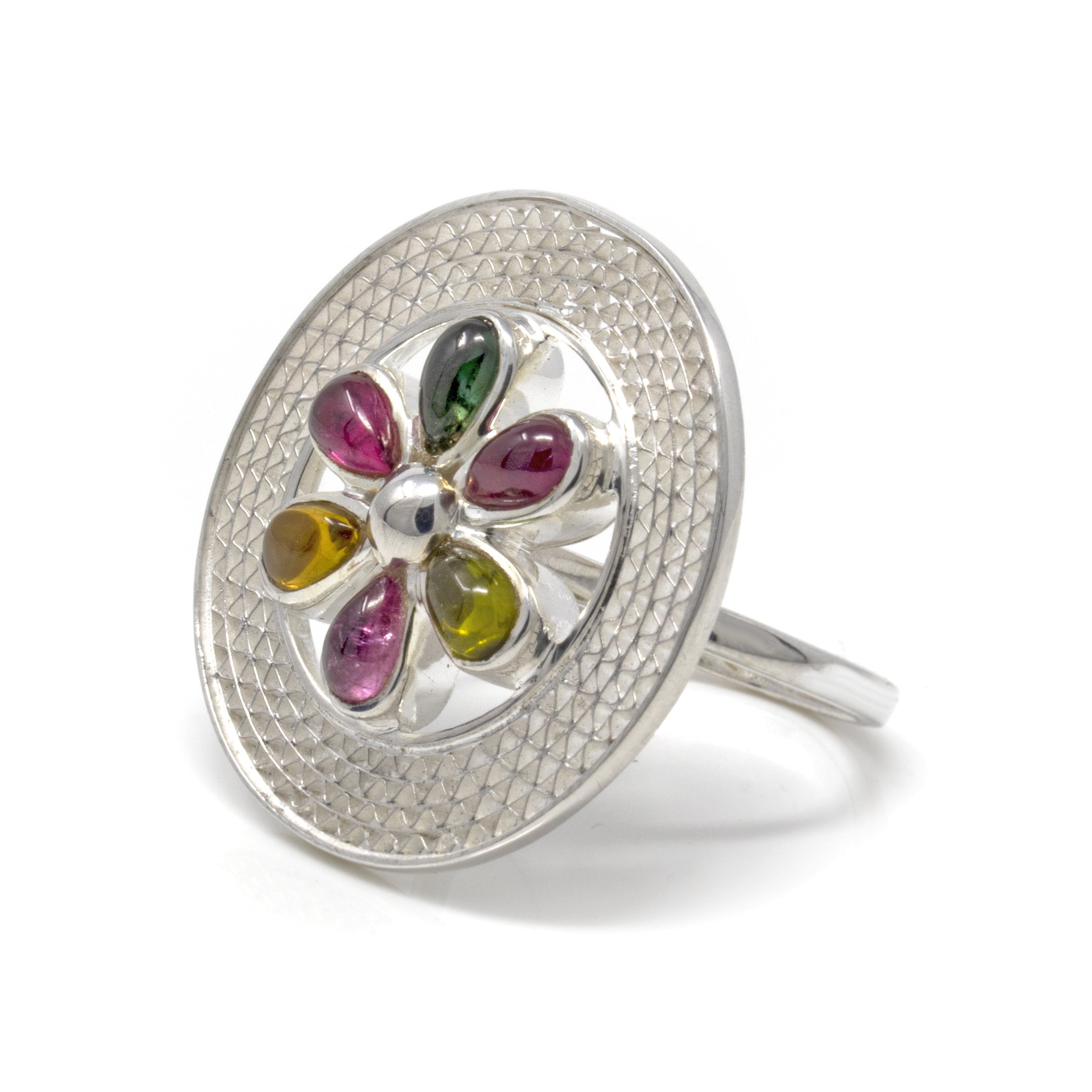 Multi Tourmaline Flower Ring - 6 Pear Cabochon Petals Set In Center Of Silver Mesh Open Circle Sz7