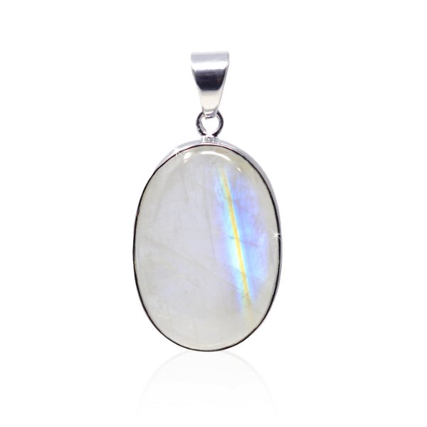 Closeup photo of Rainbow Moonstone Pendant - Oval Cabochon With Silver Bezel - Hidden Brilliant Rainbow Flash