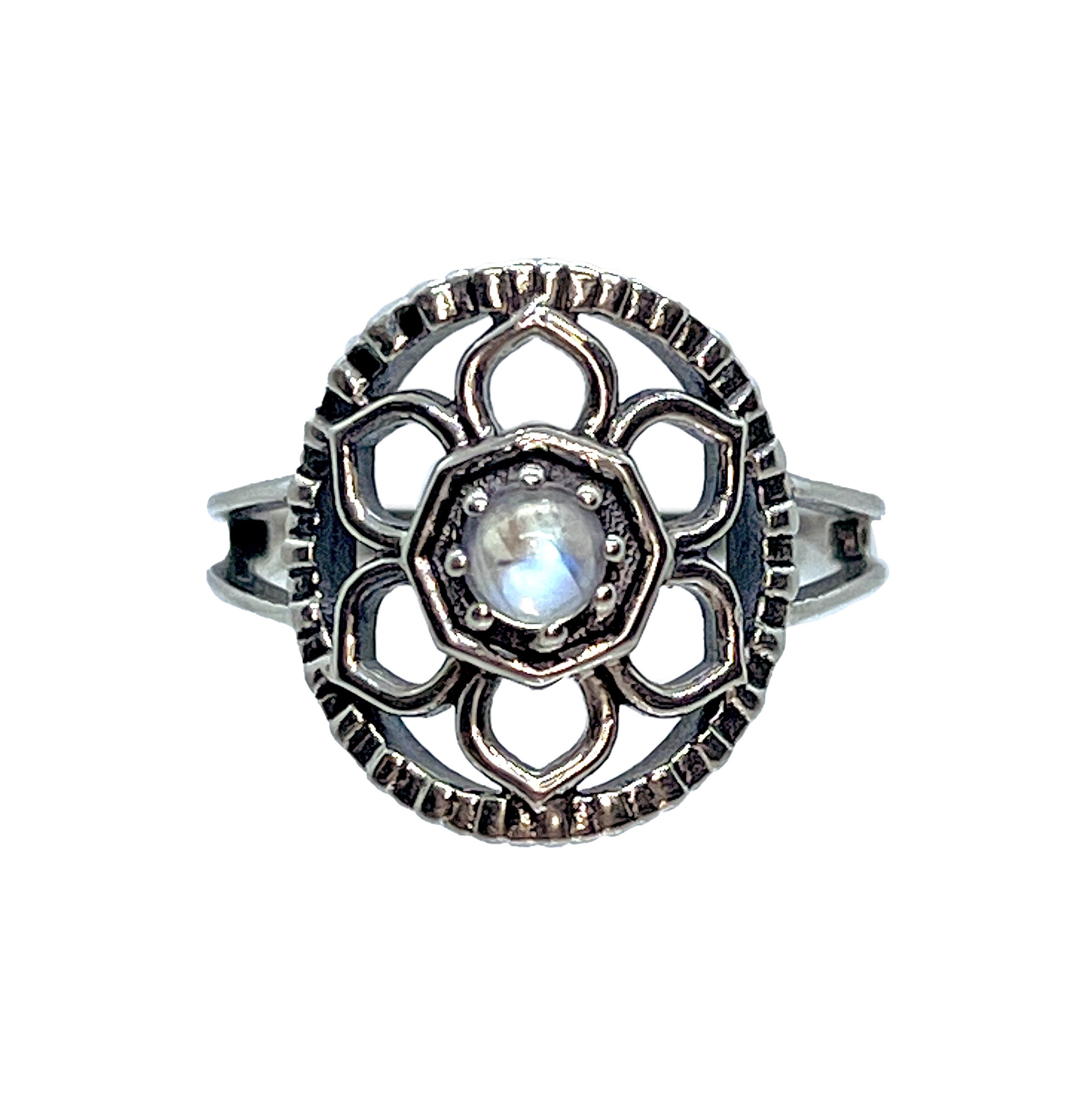 Moonstone Flower Ring Size 9 - Round Cabochon With Silver Flower Petals & Stamped Silver Circle Set On Open Silver Bezel