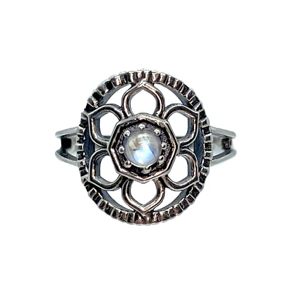 Closeup photo of Moonstone Flower Ring Size 9 - Round Cabochon With Silver Flower Petals & Stamped Silver Circle Set On Open Silver Bezel