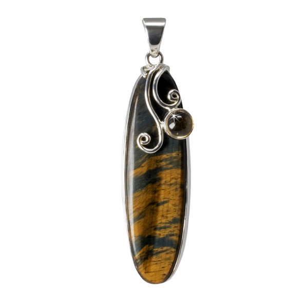 Closeup photo of Pietersite Pendant - Elongated Oval With Citrine Round Cabochon & Silver Swirls Set In Silver Bezel - 3"+