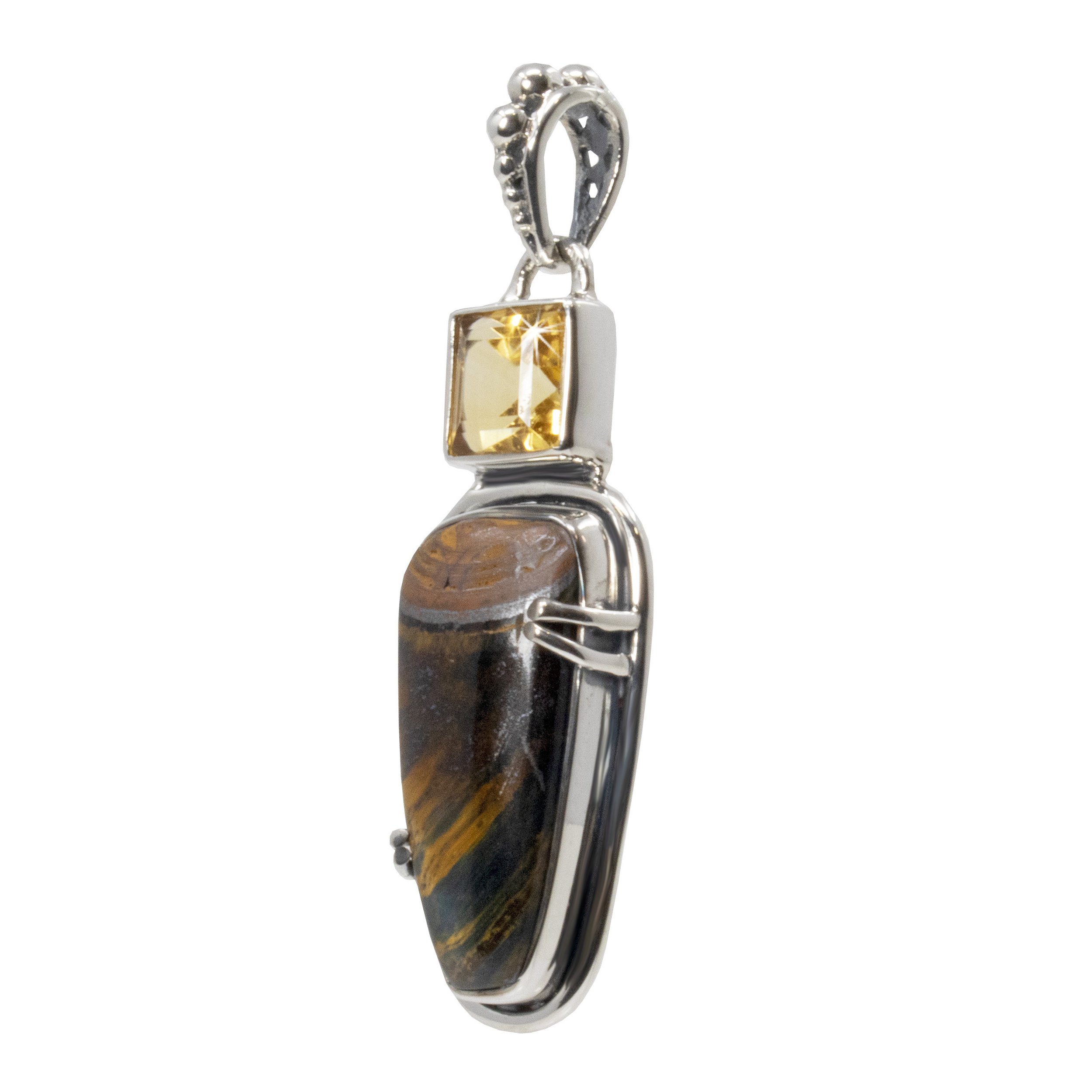 Tiger's Eye Pendant - Tapered Rounded Cabochon With Silver Prongs & Faceted Citrine Square & Round Silver Bezel Edge & Beaded Bail