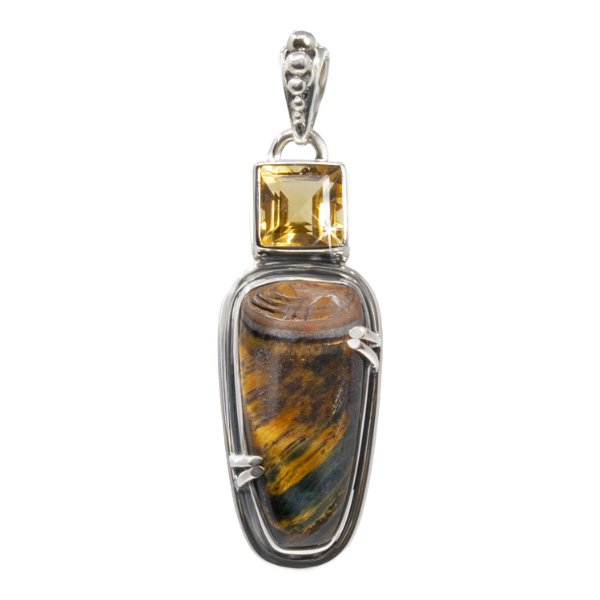 Closeup photo of Tiger's Eye Pendant - Tapered Rounded Cabochon With Silver Prongs & Faceted Citrine Square & Round Silver Bezel Edge & Beaded Bail