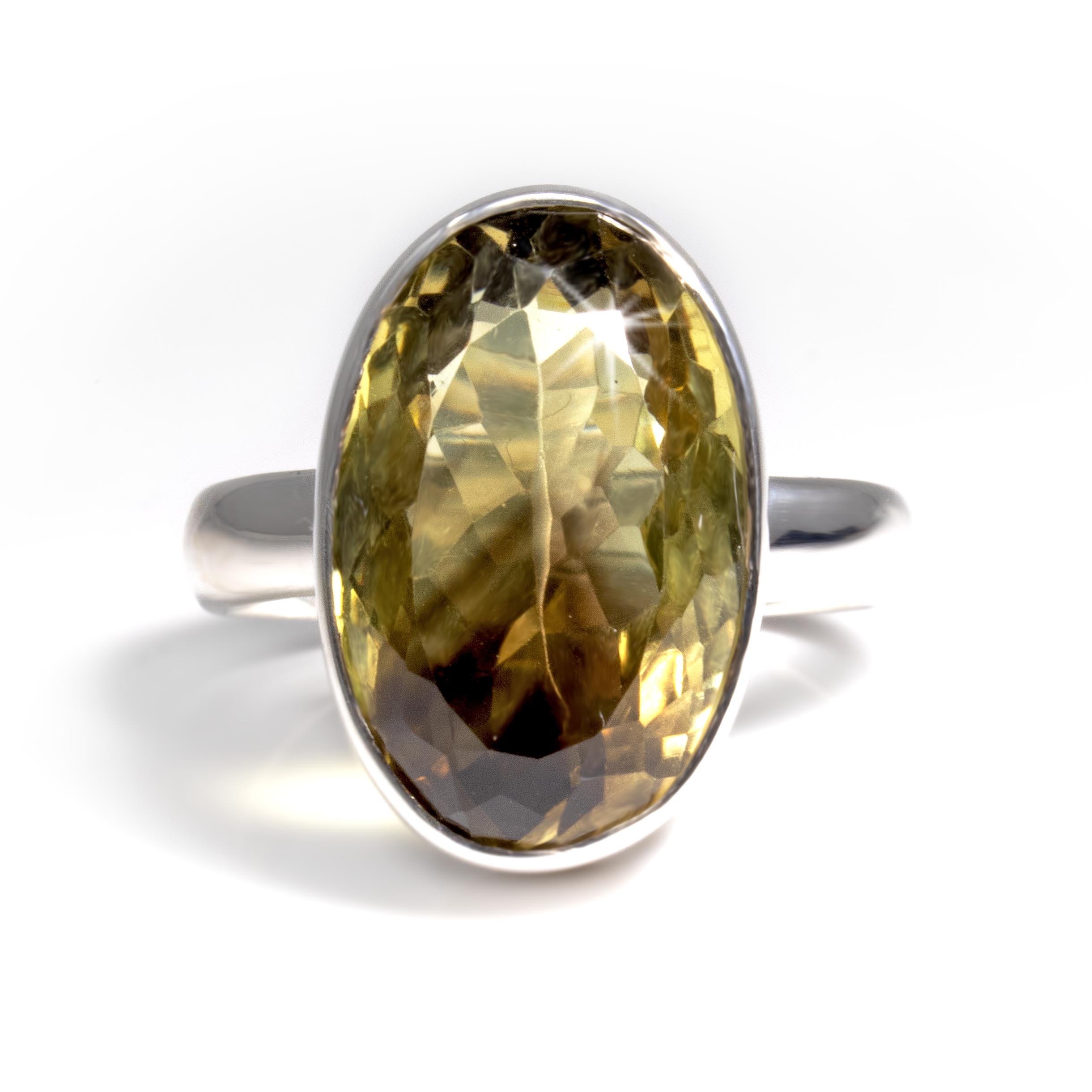 Lemon Quartz Ring Size 10 - Faceted Oval With Simple Silver Bezel & Band