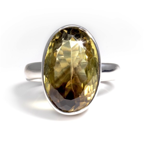 Closeup photo of Lemon Quartz Ring Size 10 - Faceted Oval With Simple Silver Bezel & Band