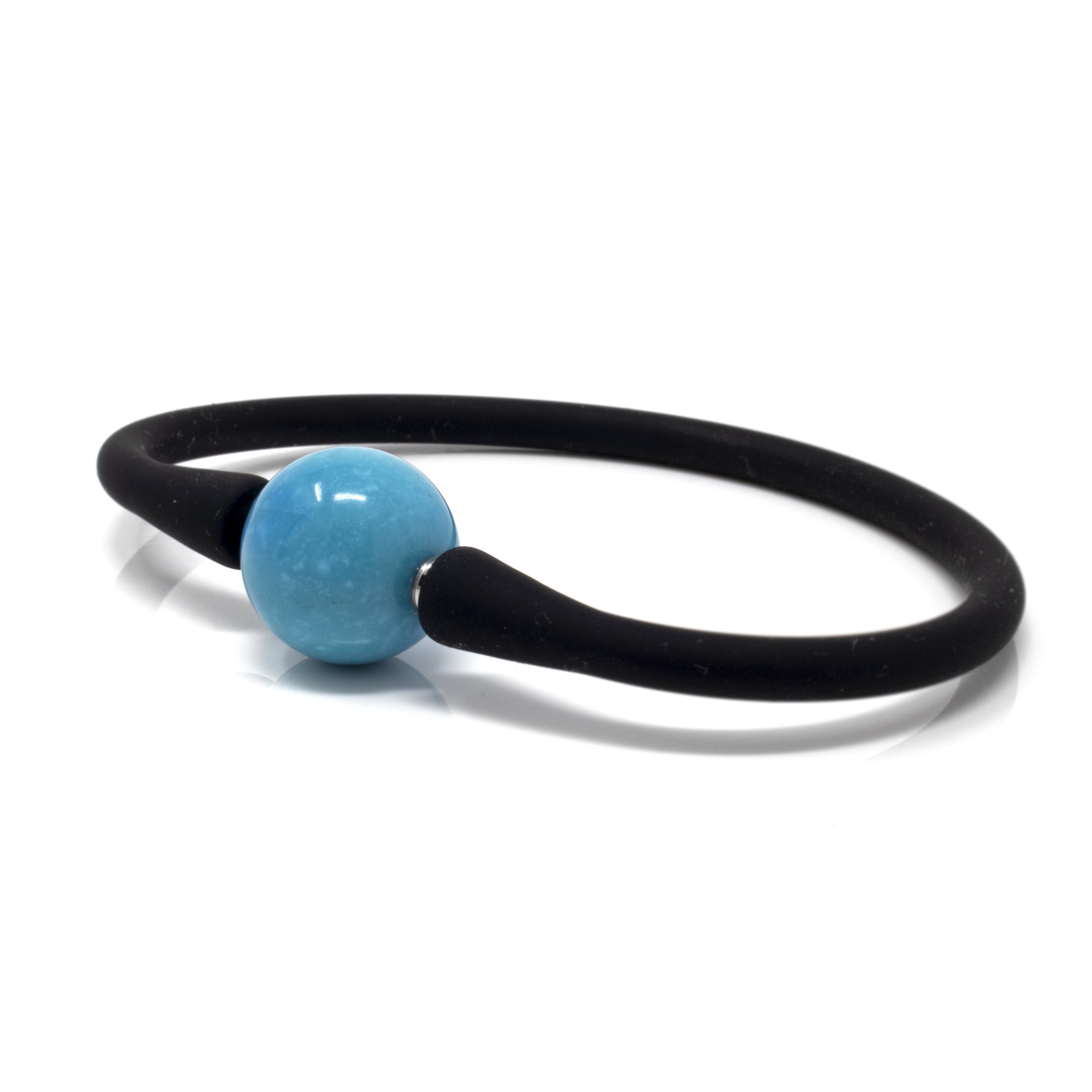 Turquoise Bracelet - Round Bead Set On Black Silicone Band - Rich Teal Hues With Matrix