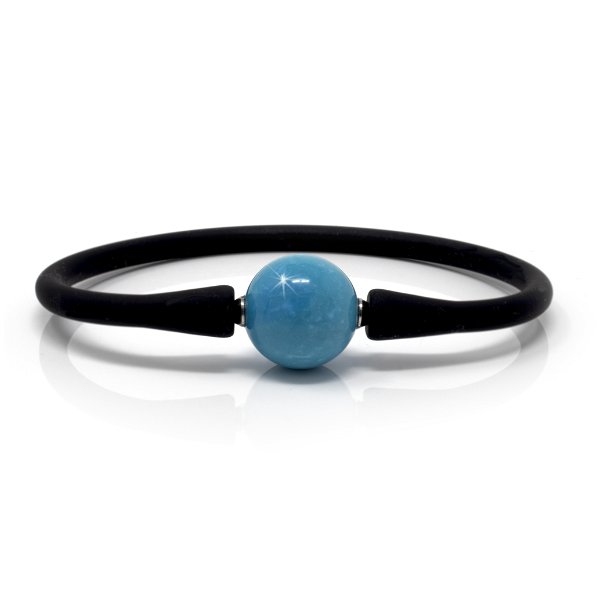 Closeup photo of Turquoise Bracelet - Round Bead Set On Black Silicone Band - Rich Teal Hues With Matrix