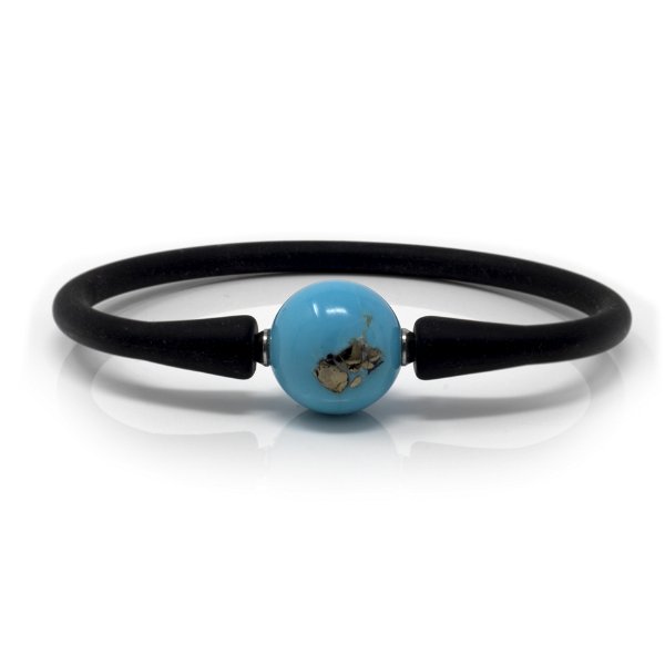 Closeup photo of Turquoise Bracelet - Round Bead Set On Black Silicone Band - Opaque Robins Egg Blue
