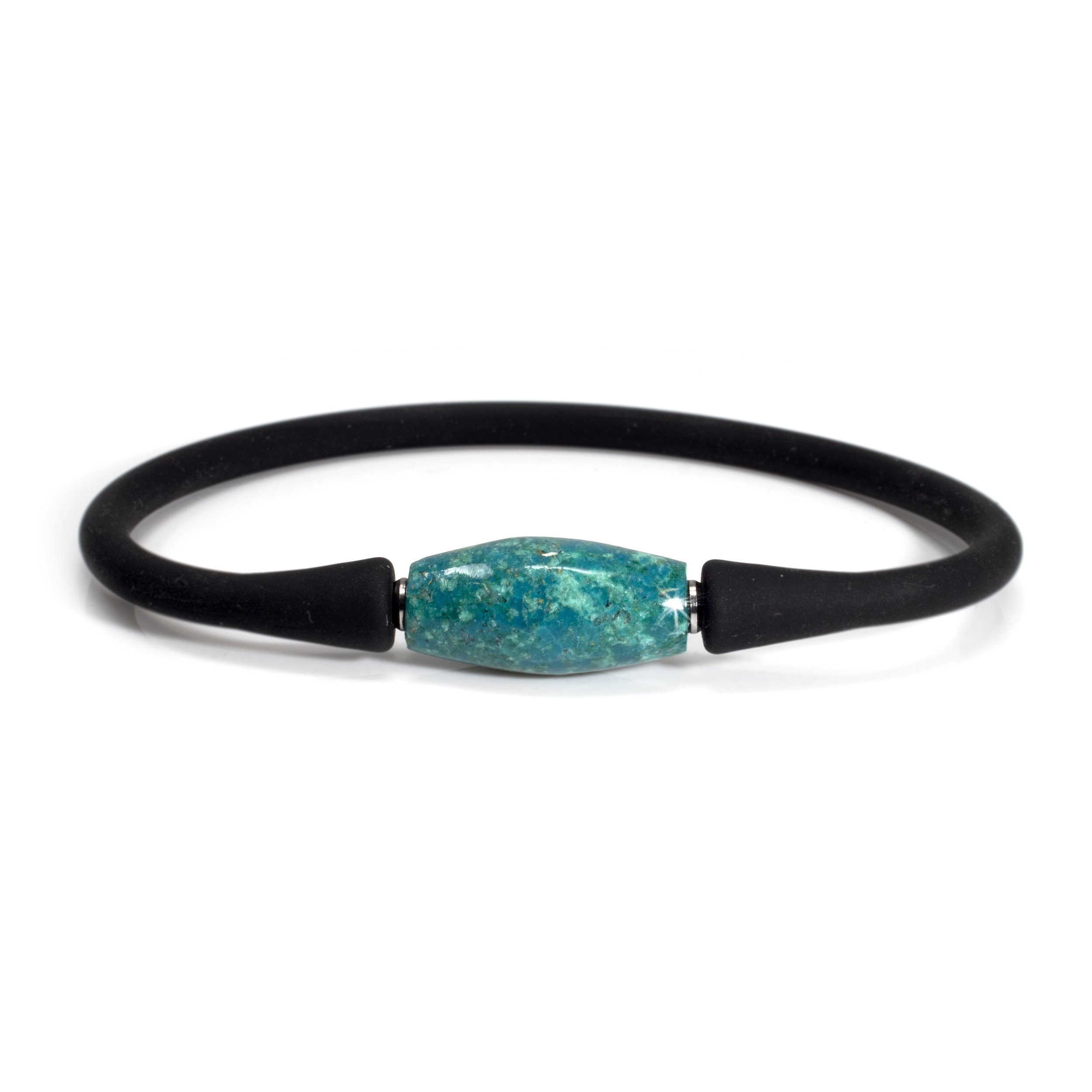 Chrysocolla Bangle Bracelet - Barrel Bead Set On Black Silicone Band - Vibrant Ocean Blue & Jungle Green Hues With Raw Sienna Matrix