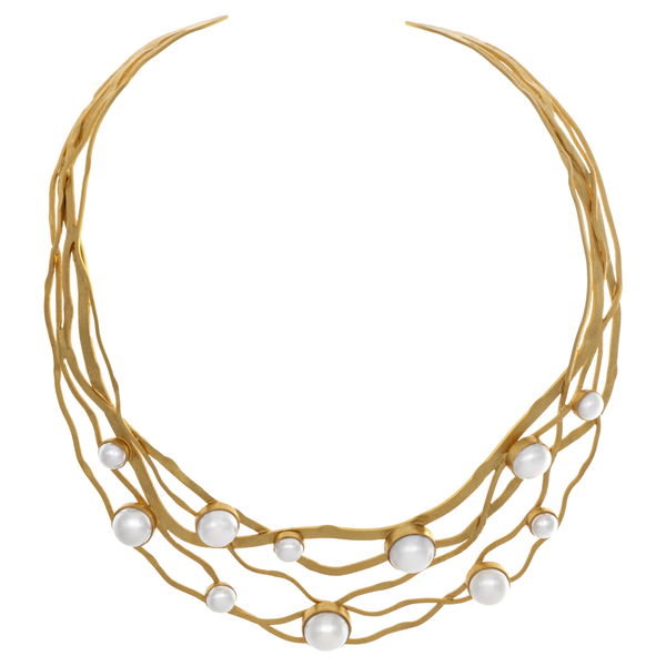 Closeup photo of Freshwater Pearl Neck Collar - 11 Pearls Set On Flowing Wave Line Design - Sterling Silver With Gold Vermeil Finish
