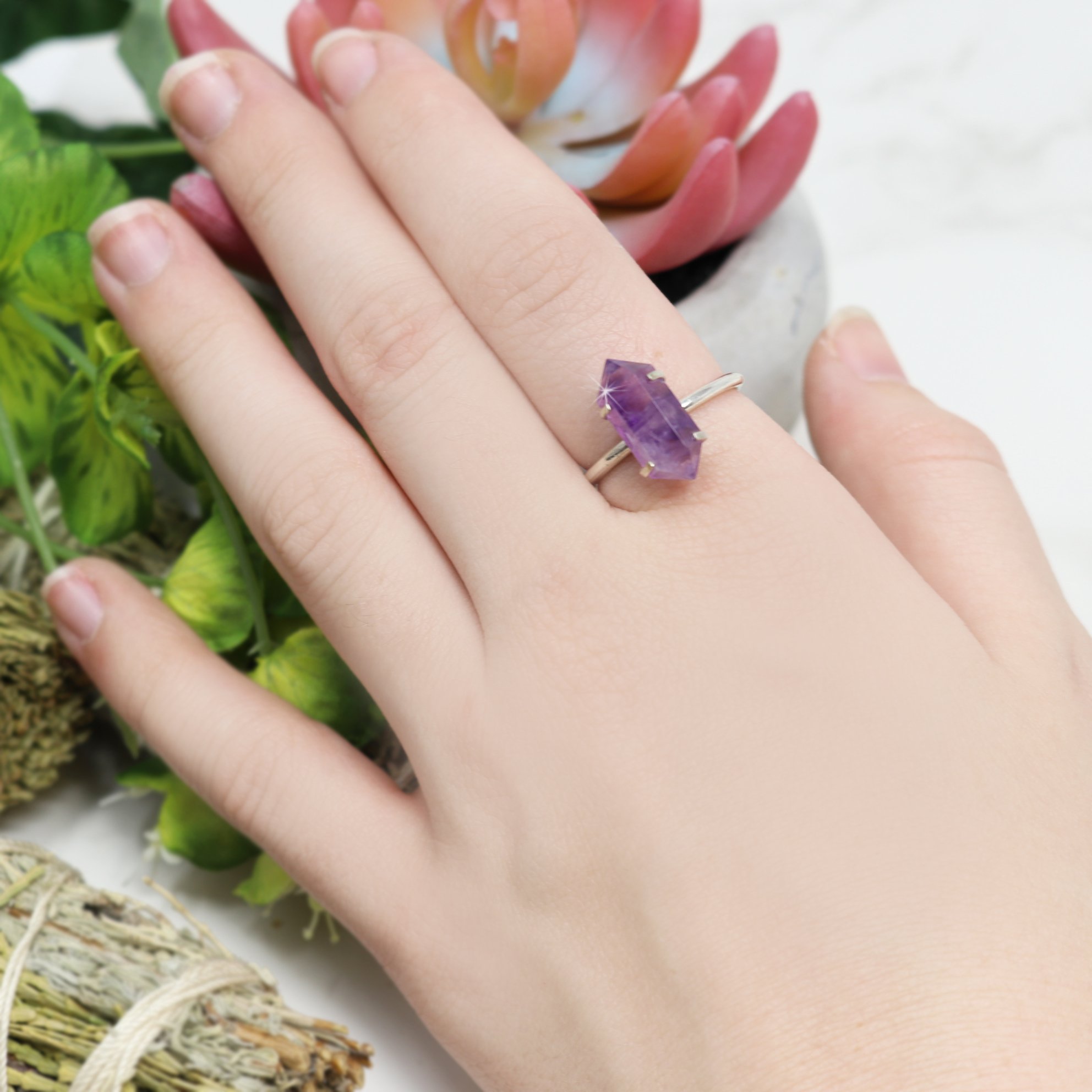 Amethyst Ring - Double Terminated Point - Prong Set Sz5