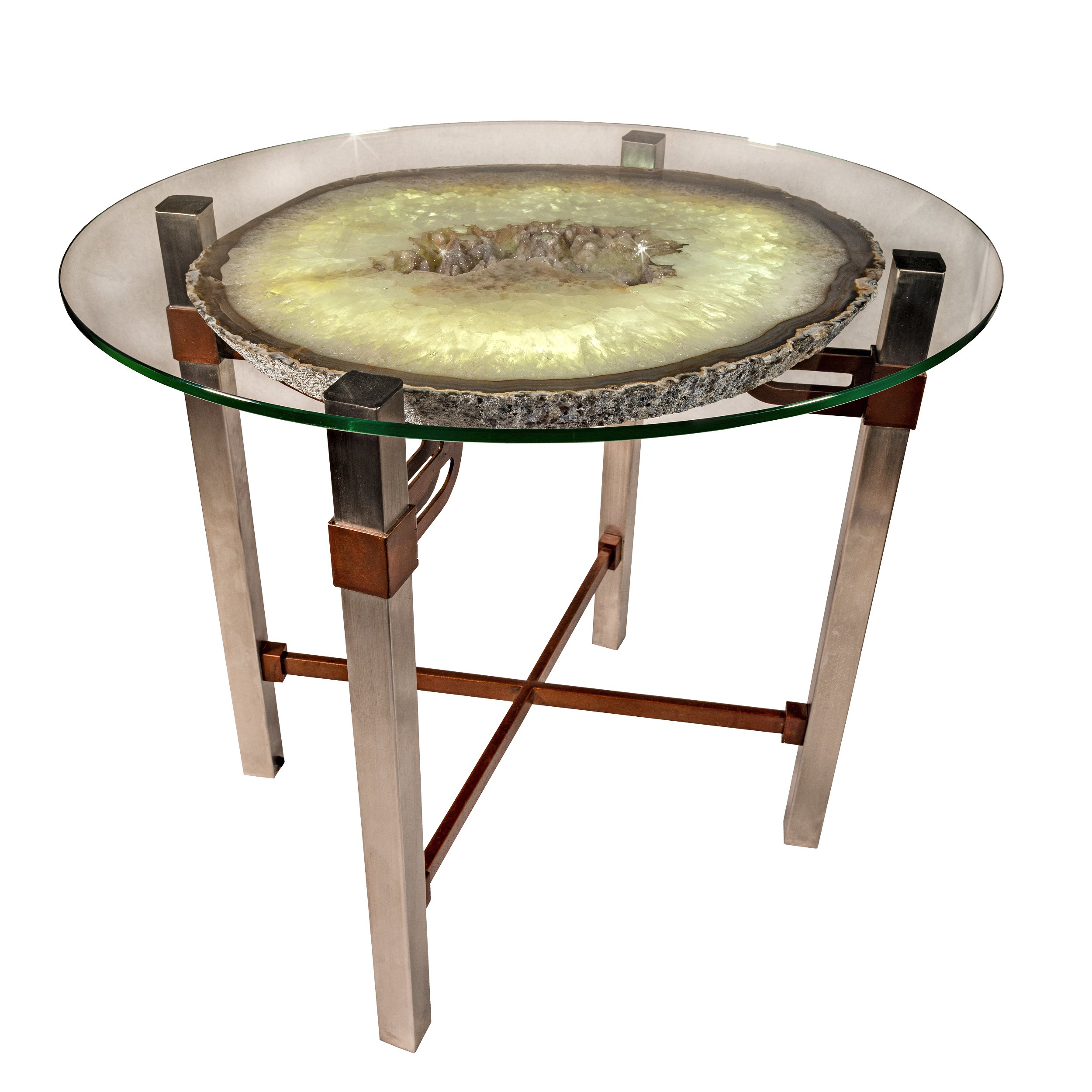 Agate Slice Custom Table With Glass - Oval With Druze Vug Coffee Tones