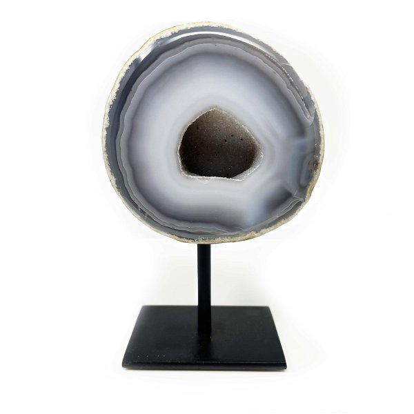 Closeup photo of Druze Geode On Post Stand - White And Gray Banded Agate With Druze Center