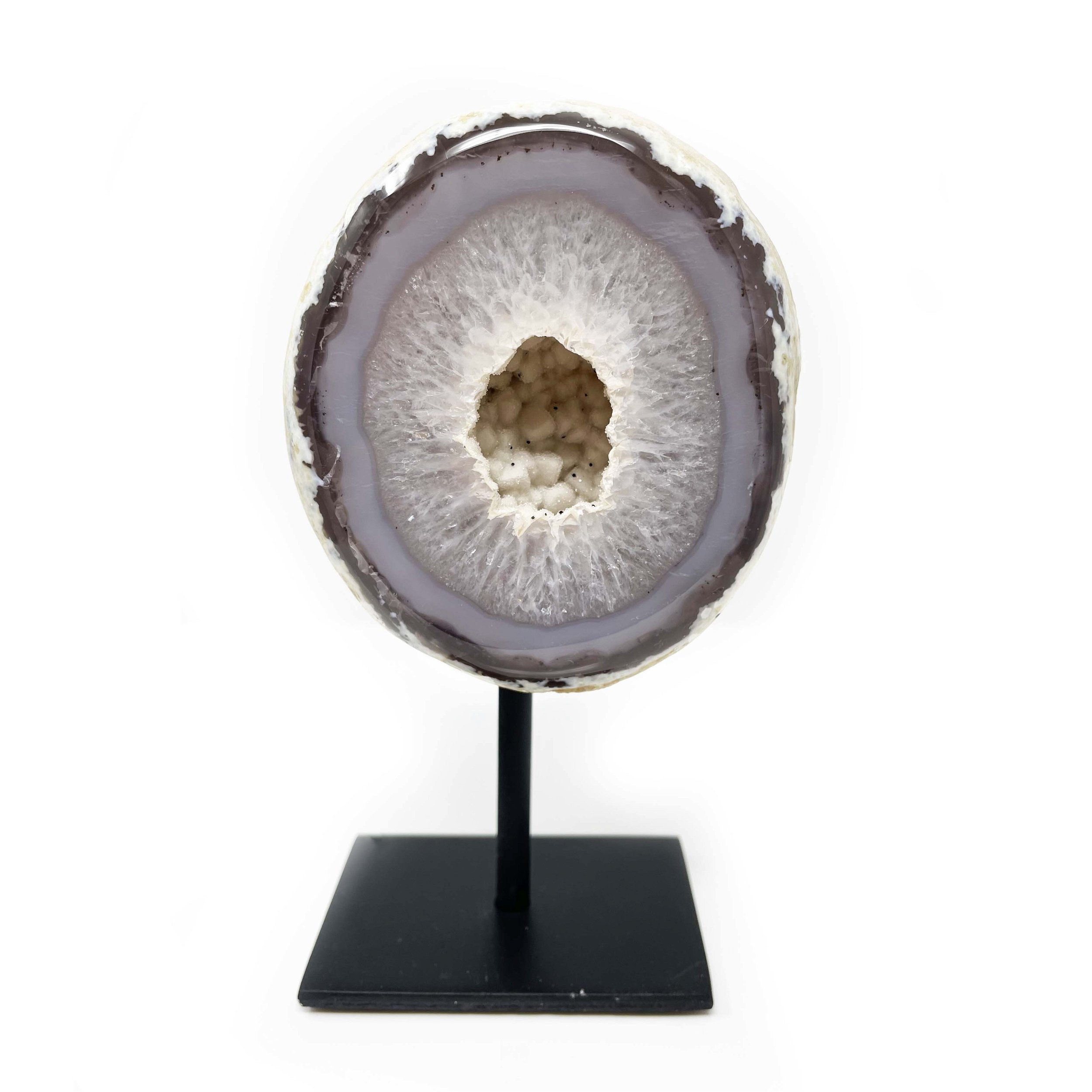 Druze Geode On Post Stand - White Agate With Gray Banding And Druze Center With Black Flakes