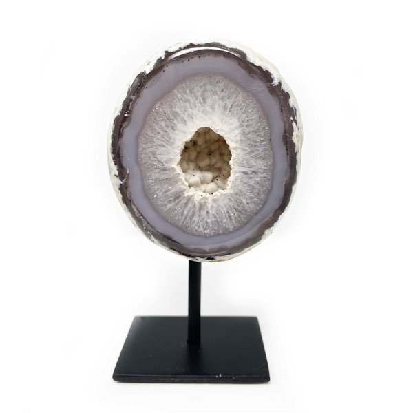 Closeup photo of Druze Geode On Post Stand - White Agate With Gray Banding And Druze Center With Black Flakes