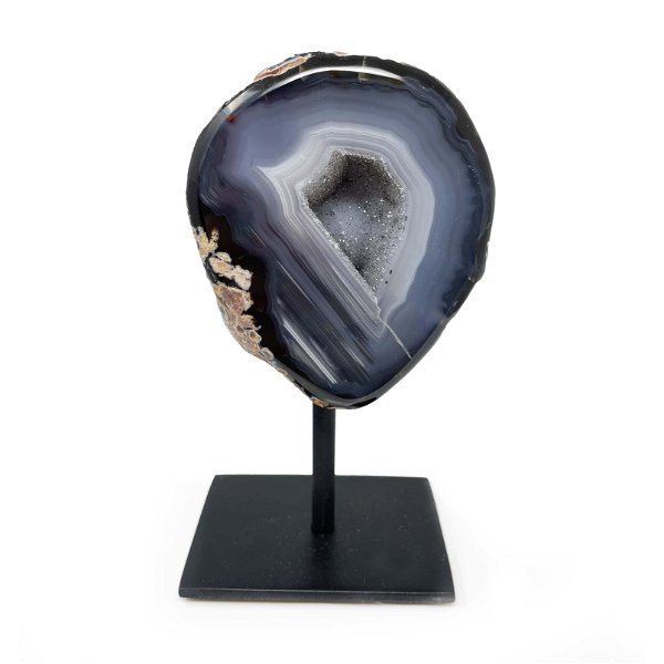 Closeup photo of Druze Geode On Post Stand - Blue Agate With Black Outer Band And Spotted Druze Center