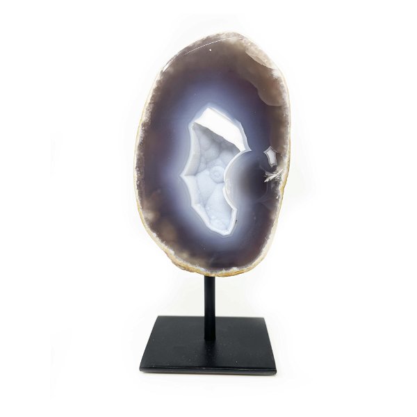 Closeup photo of Druze Geode On Post Stand - Grayish Blue Agate With White Center