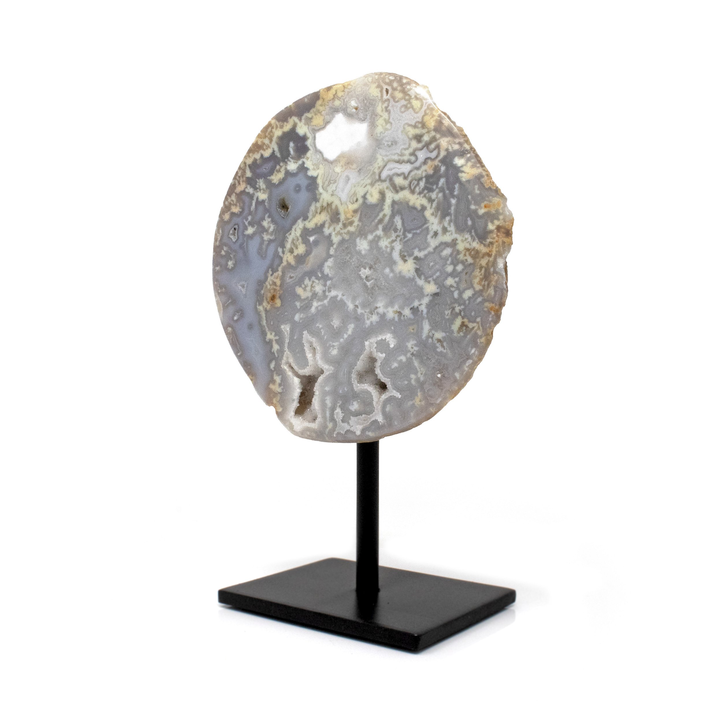Druze Geode On Post Stand - Grayish Blue With Creams And Multiple Druze Pockets