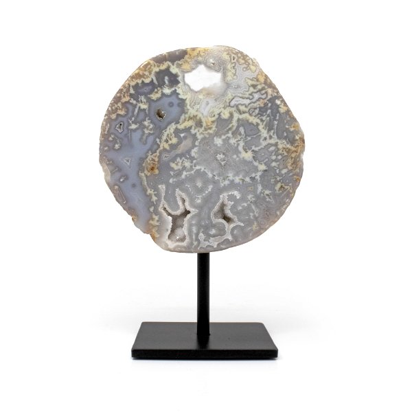 Closeup photo of Druze Geode On Post Stand - Grayish Blue With Creams And Multiple Druze Pockets