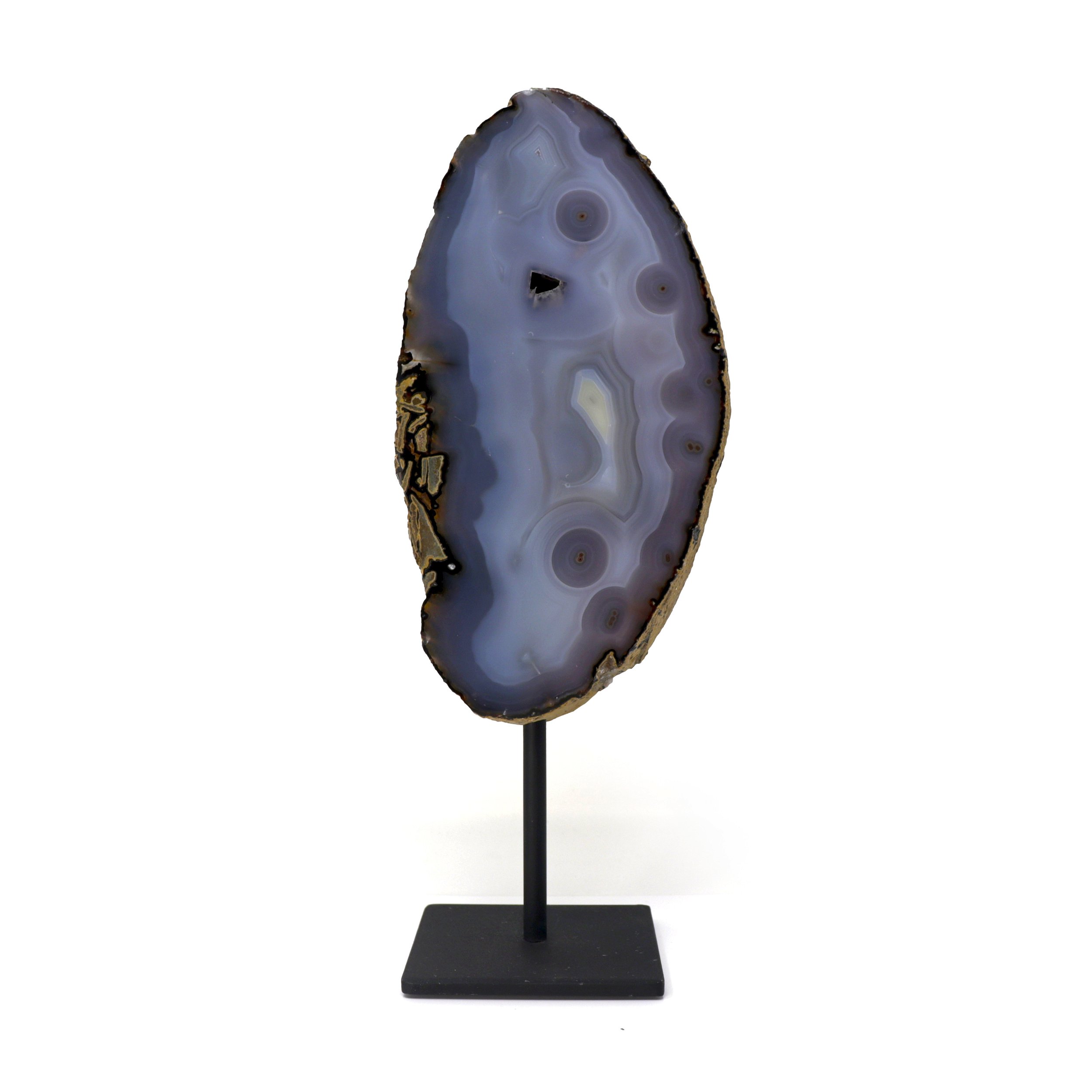 Agate Slice On Post Stand - Elongated With Multiple Eyes And Dissolved Pocket In Center