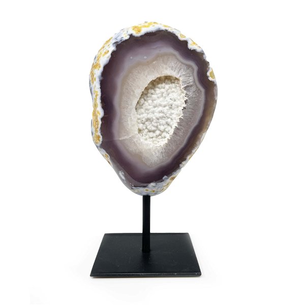 Closeup photo of Druze Agate Geode On Post Stand - Purple And White Agate With Snowy Druze Center