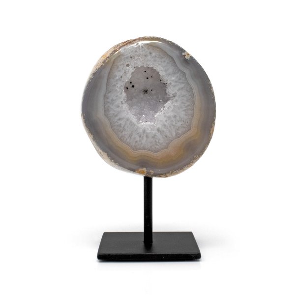 Closeup photo of Druze Agate Geode On Post Stand - Grayish Brown Agate Layers With Quartz Druze Pocket And Black Inclusions