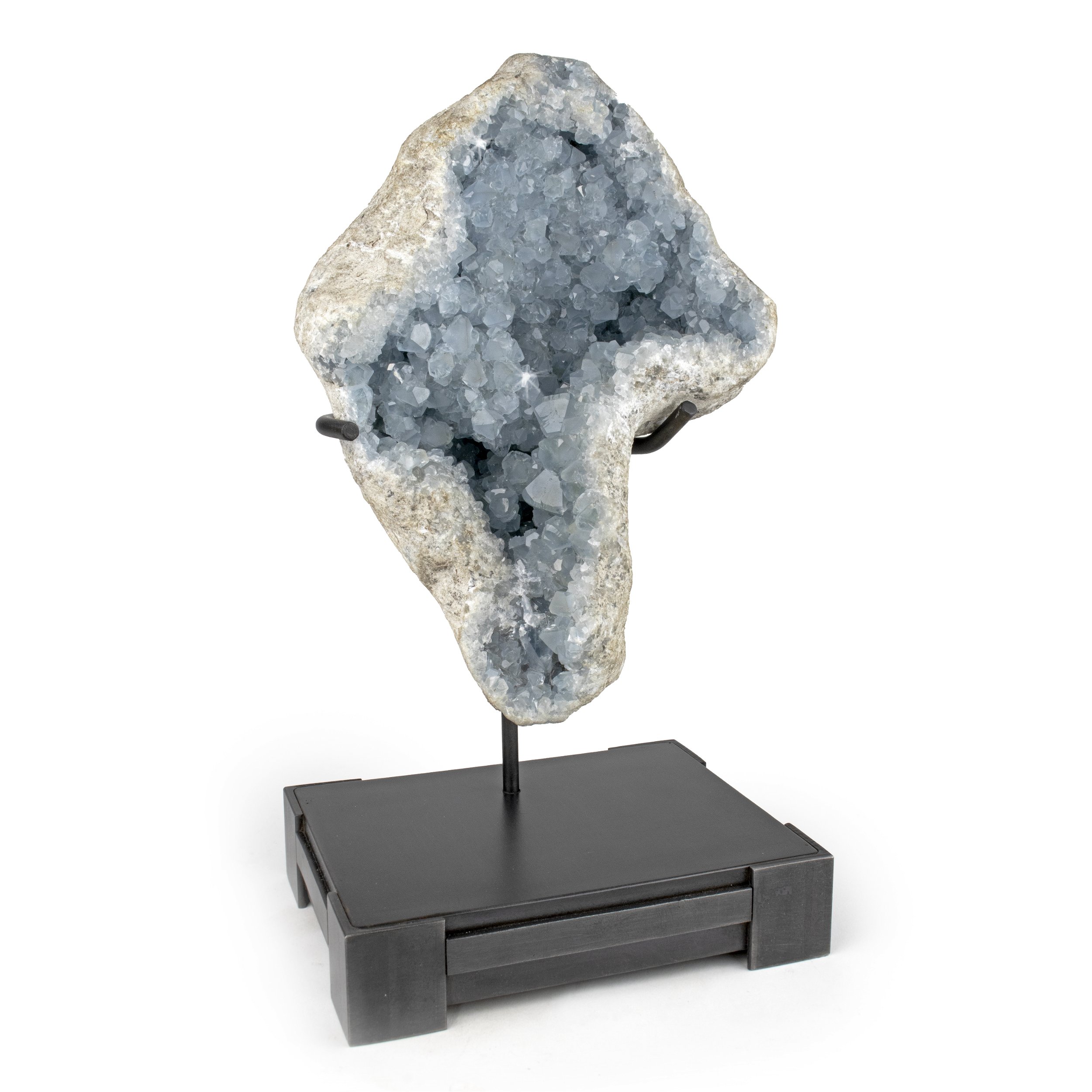 Celestine Geode On Custom Stand With Pristine Crystals