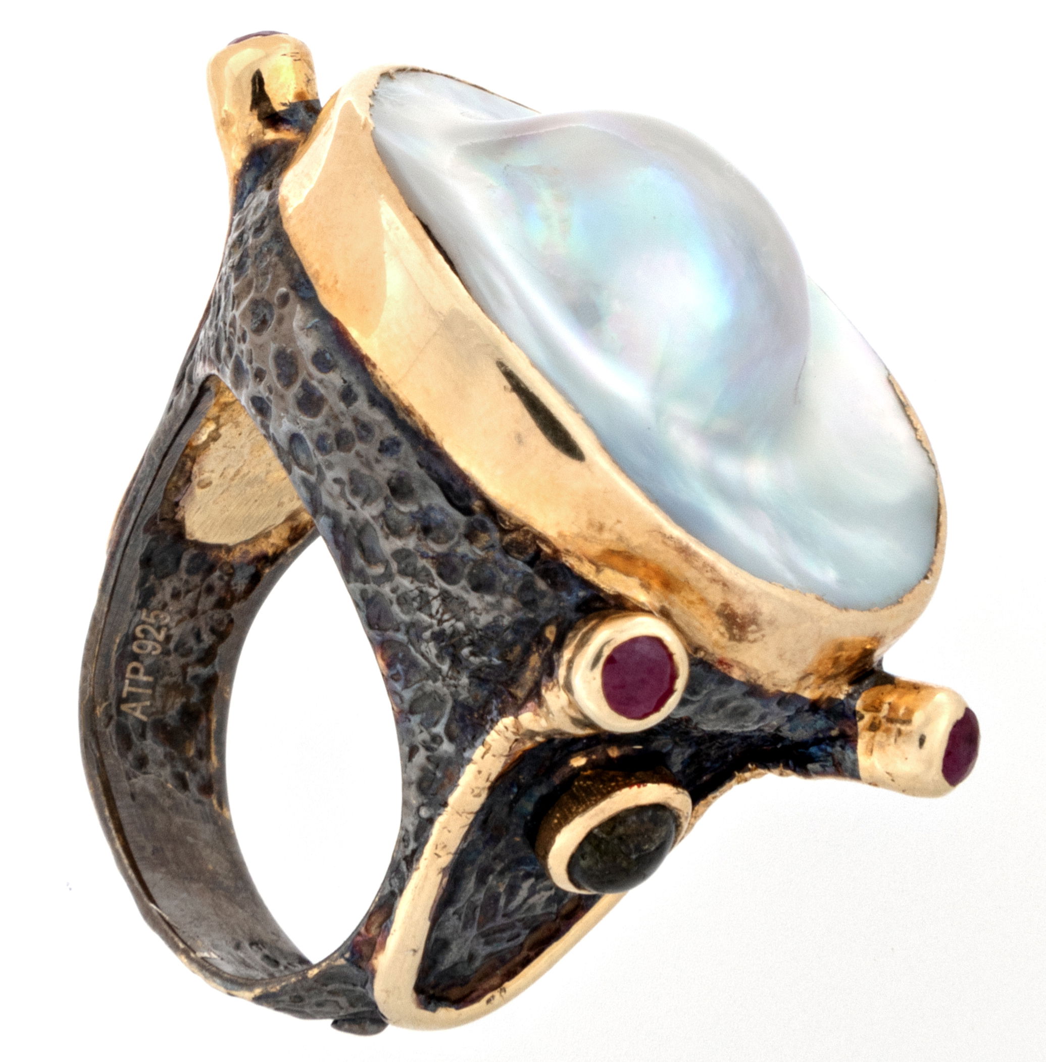 Mabe (Blister) Pearl Ring - With 4 Faceted Ruby Rounds & 2 Faceted Green Tourmaline Rounds Set On Oxidized Silver Hammered Band With Gold Vermeil Accents Sz8.5