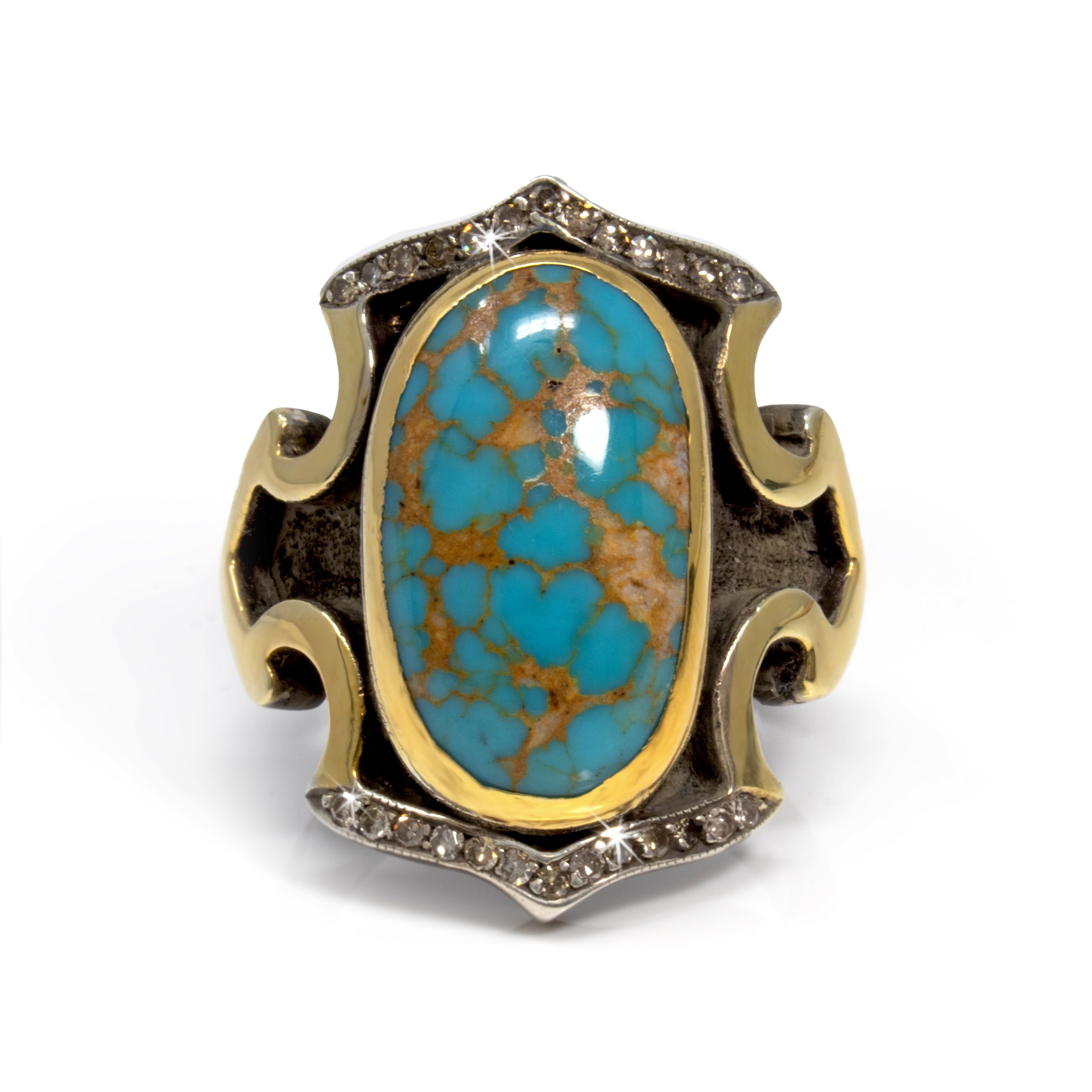 Persian Turquoise Ring Size 8.5 - Elongated Oval Cabochon Set On Industrial Floral Design Band With Diamonds & Gold Vermeil Accents With Matte Oxidized Finish