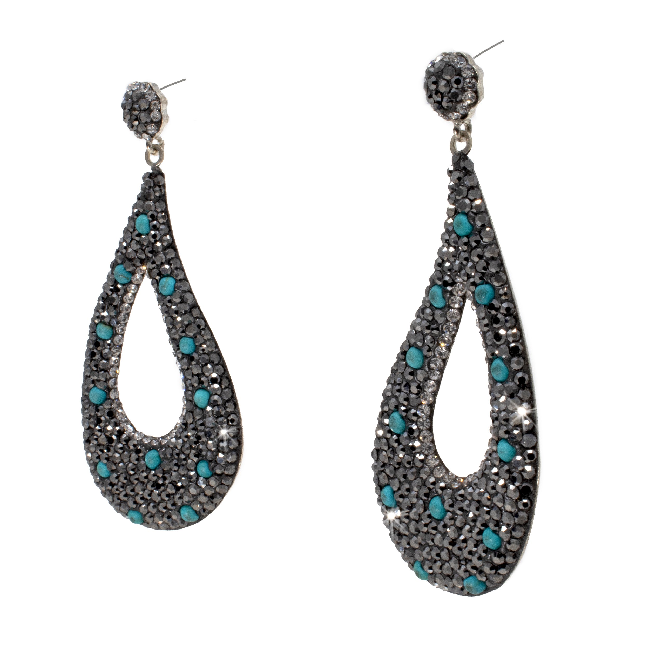 Turquoise Dangle Earrings On-post - Open Pear Loop With Marcasite & Silver Crystal Pave & Mini Turquoise Rounds Throughout
