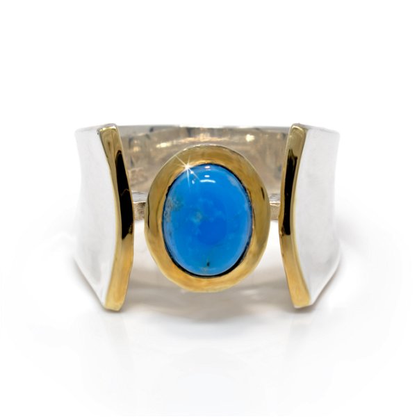Closeup photo of New Mexico Turquoise Ring - Oval Cabochon Set With Gold Vermeil Bezel In Raised Open Band - Gold Vermeil Accents Size 8.5