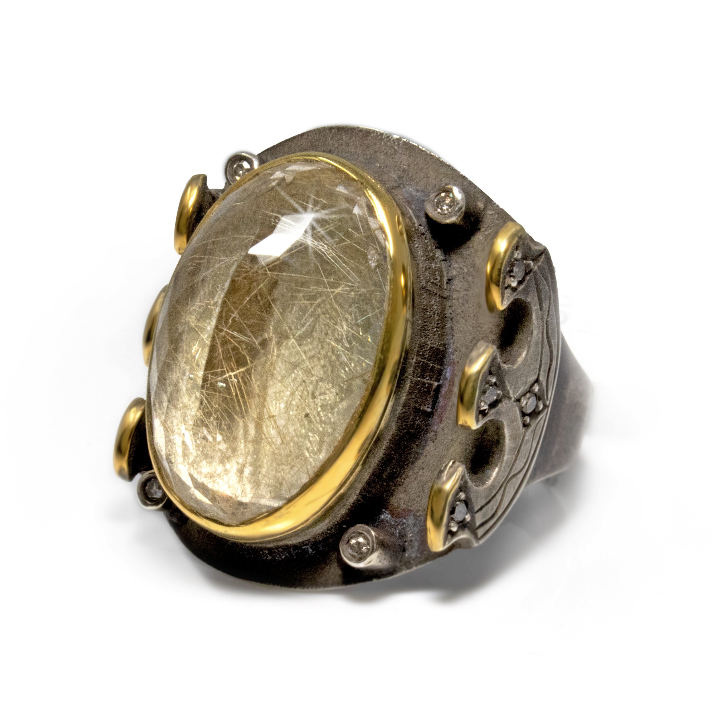 Golden Rutile Ring - Reverse Set Facet Oval On Oxidized Medieval Style Band With Diamonds & Gold Vermeil Accents Size 9.5